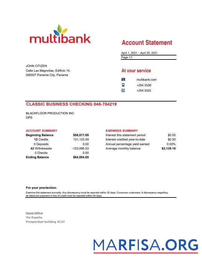 Realistic Panama Multibank statement excel example